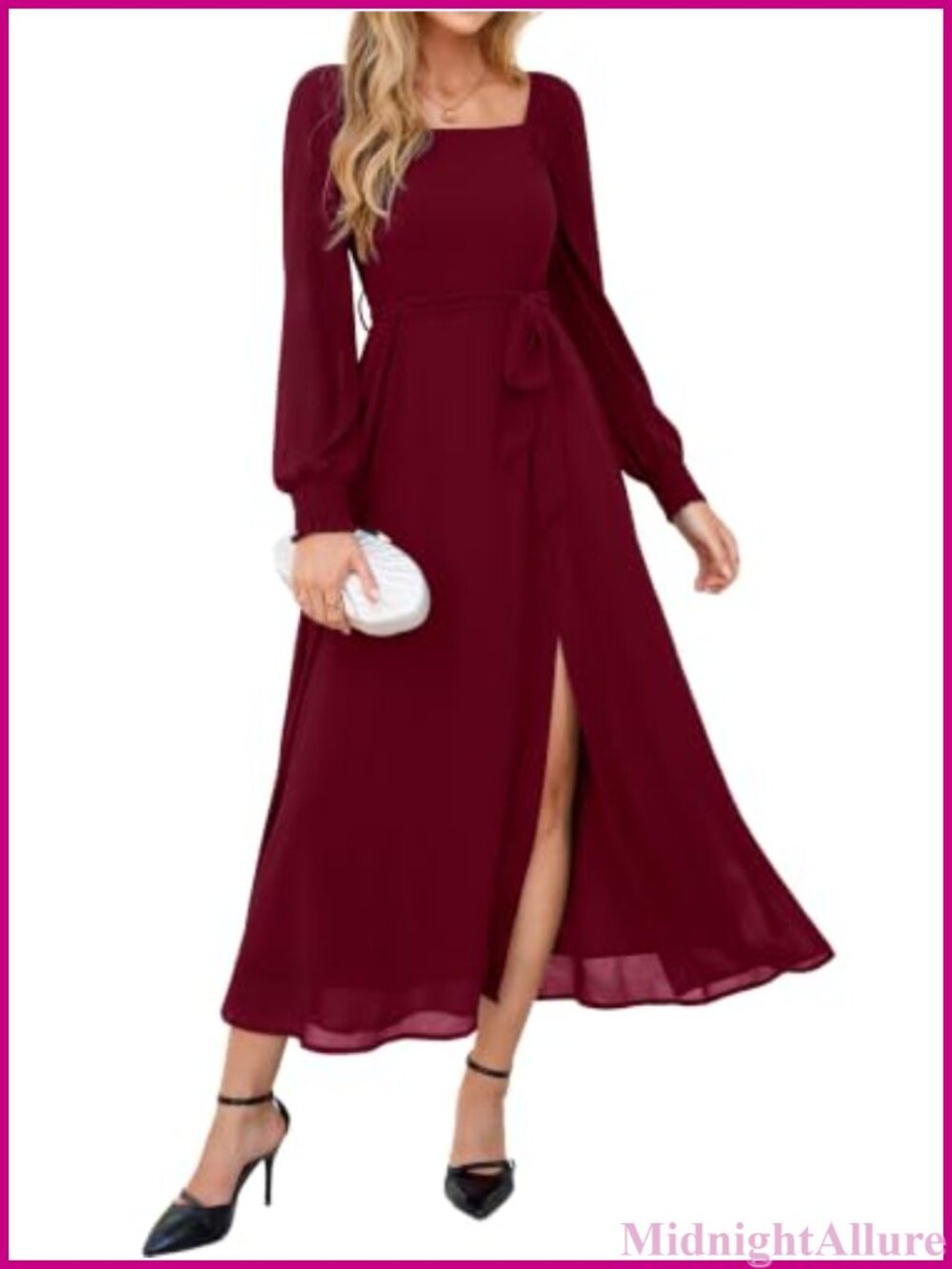Pearl Chiffon Square Neck Long Sleeve Maxi Dress with Slit